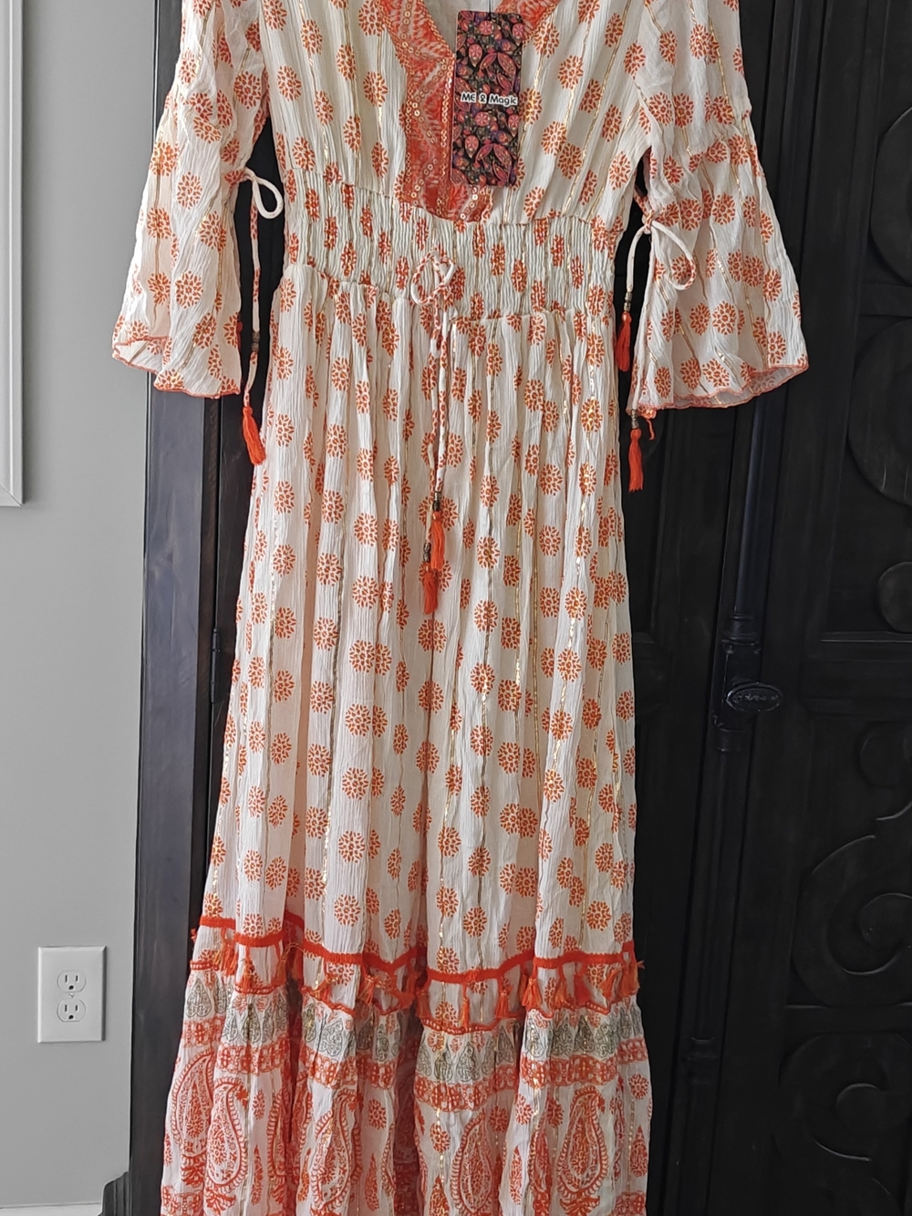 Magic 2 Me Medium Smocked White Maxi Dress with Orange Print and Tassel Ties